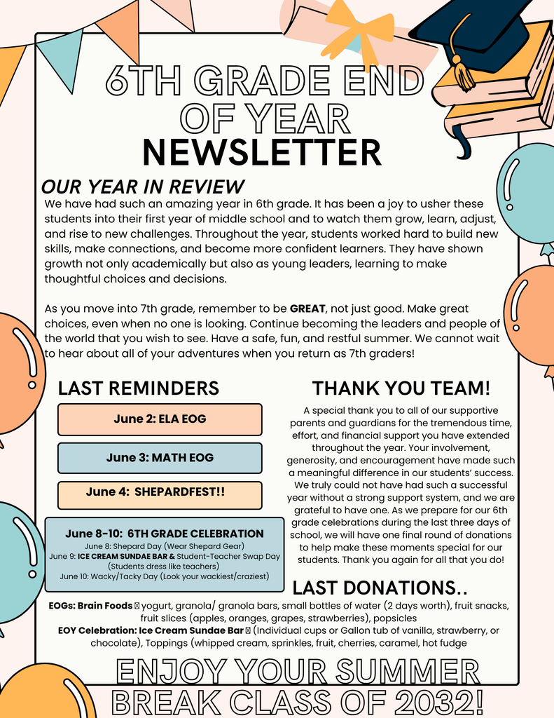 6th Grade - End of Year Newsletter