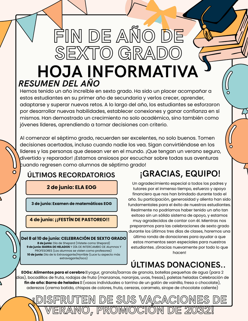 6th Grade - End of Year Newsletter