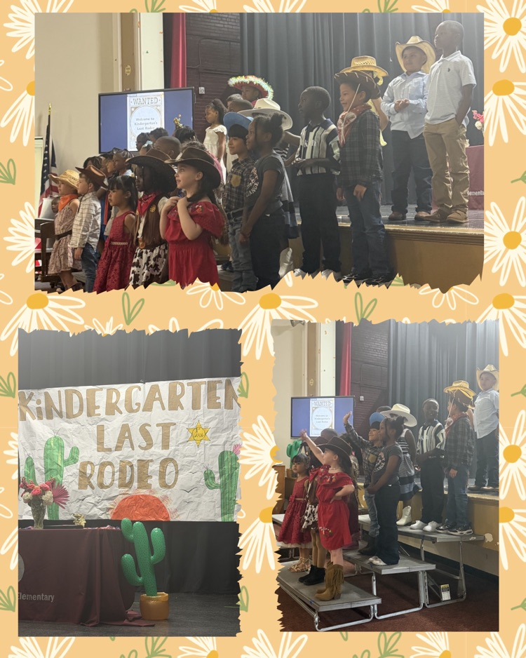 Photo collage of Kindergartners promotion ceremony. Singing on stage, a banner with the words “Kindergartens last rodeo”.