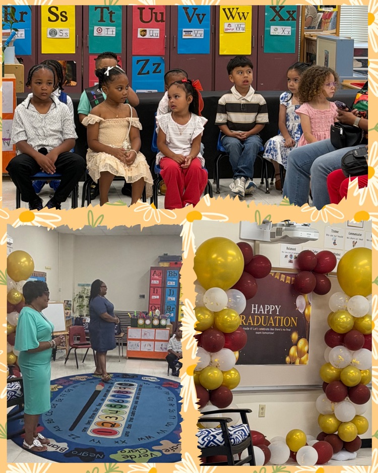 Photo collage of 5th graders promotion ceremony. Sitting on stage, singing, and a picture of the audience. 