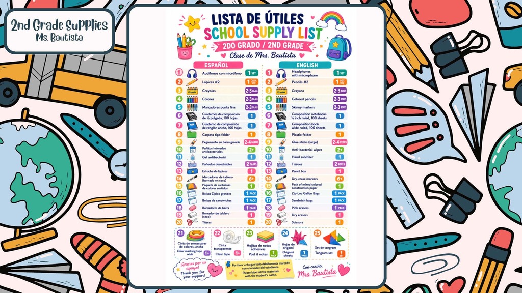 Ms. Bautista 2nd Grade Supply List