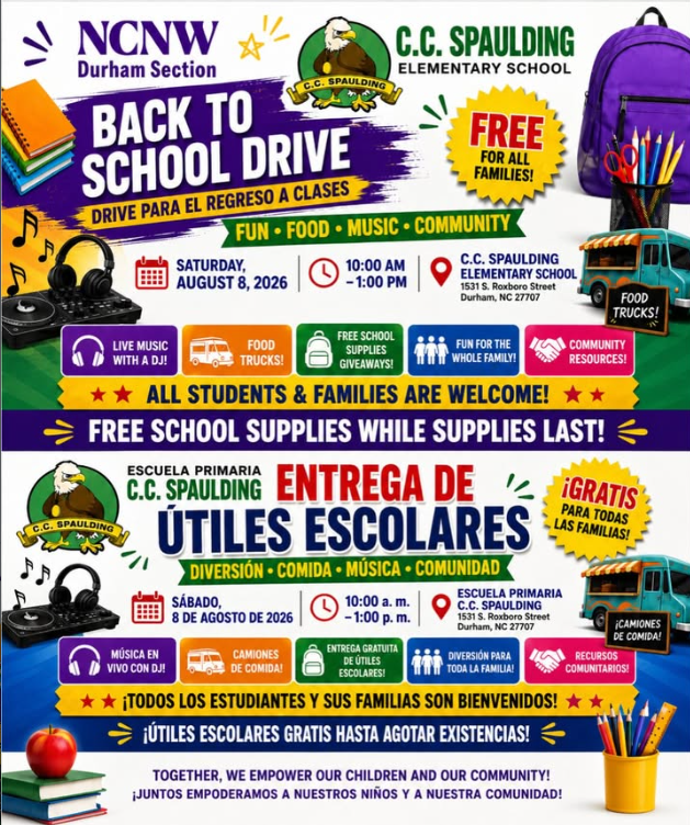 Back-to-school drive flyer highlighting free school supplies, live music, food trucks, and family-friendly activities for attendees.