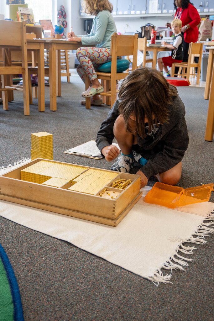 picture of student using Montessori golden beads on rug