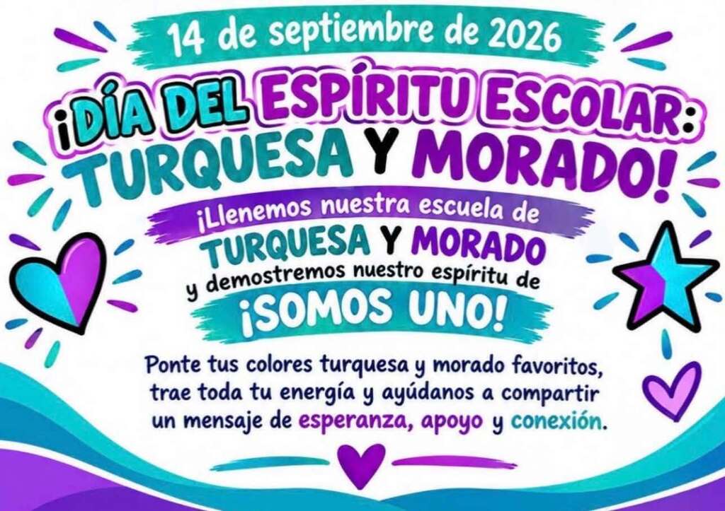 Colorful bilingual-style graphic promoting Teal & Purple Spirit Day on September 14, 2026. The Spanish text encourages the school community to wear teal and purple and share messages of hope, support, and connection.