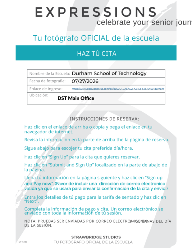 DST Class of 2027 Picture Day Flier Scheduling Instructions in Spanish