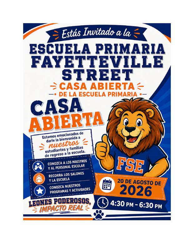 Cartel en español invita a la casa abierta de Fayetville Elementary, con un león caricaturesco; 20 de agosto de 2026, 4:30–6:30 p. m.