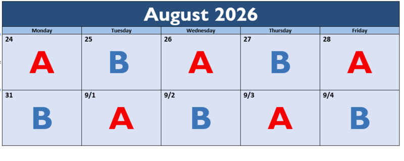The A-B Calendar for August 2026