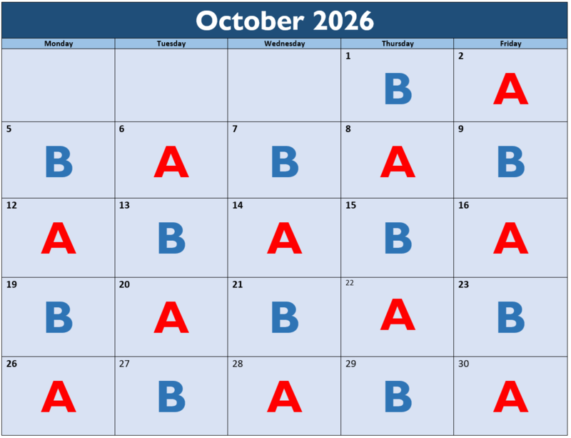 A-B Calendar for October 2026