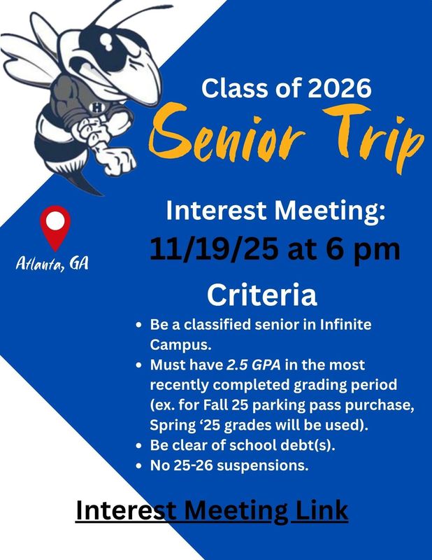 senior trip interest meeting november 19 at 6pm on Zoom