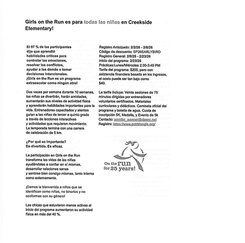 Flyer. girls on the run is for every girl at Creekside Elementary!