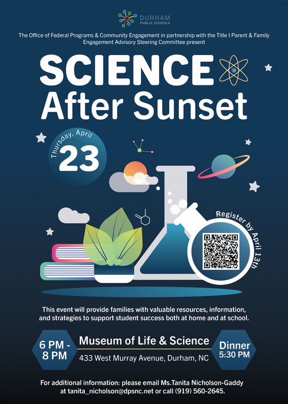 Event flyer for "Science After Sunset" on April 23rd, featuring beakers and books. Hosted at Museum of Life & Science, 6-8 PM, dinner at 5:30 PM.