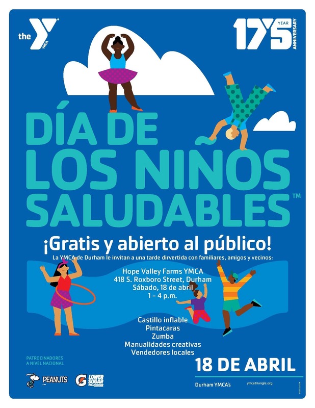 Blue YMCA poster for Healthy Kids Day featuring eclectic, diverse kids playing against a blue sky background. Event details and activities are listed.