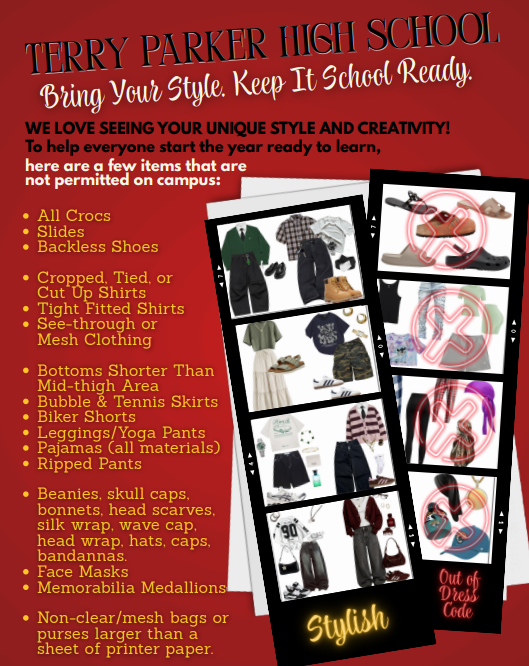 📚✨ Bring Your Style. Keep It School Ready. ✨📚  As we get ready for an exciting new school year, we're reminding all Braves to review our TPHS Dress Code before the first day of school.  We love seeing your unique style and creativity! To help ensure everyone is ready to learn, please make sure your school attire meets our dress code guidelines.  🚫 A few items not permitted on campus include: • Crocs, slides, and backless shoes • Cropped, tied, or cut-up shirts • See-through or mesh clothing • Shorts, skirts, or bottoms shorter than mid-thigh • Leggings/yoga pants and biker shorts • Pajamas (including pajama-style pants) • Ripped pants • Head coverings (unless approved for religious or medical purposes) • Face masks • Non-clear bags larger than a sheet of printer paper • Memorabilia medallions  Please review the flyer for the complete list of dress code expectations so you're ready for a successful first day.  Let's make it a great year, Braves!