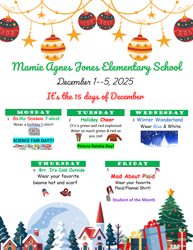 Dress Up Days for December 1 - 5 with holiday graphics