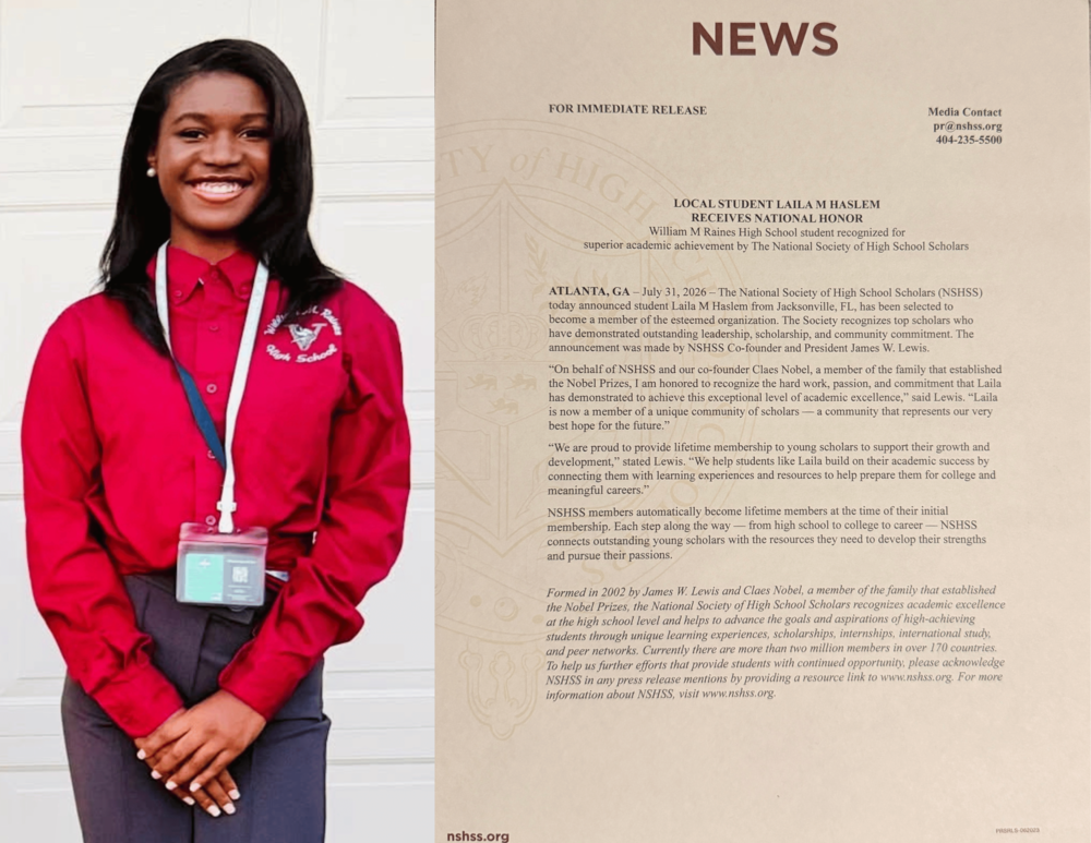 Student L. Haslem on the left and letter from  NSHSS