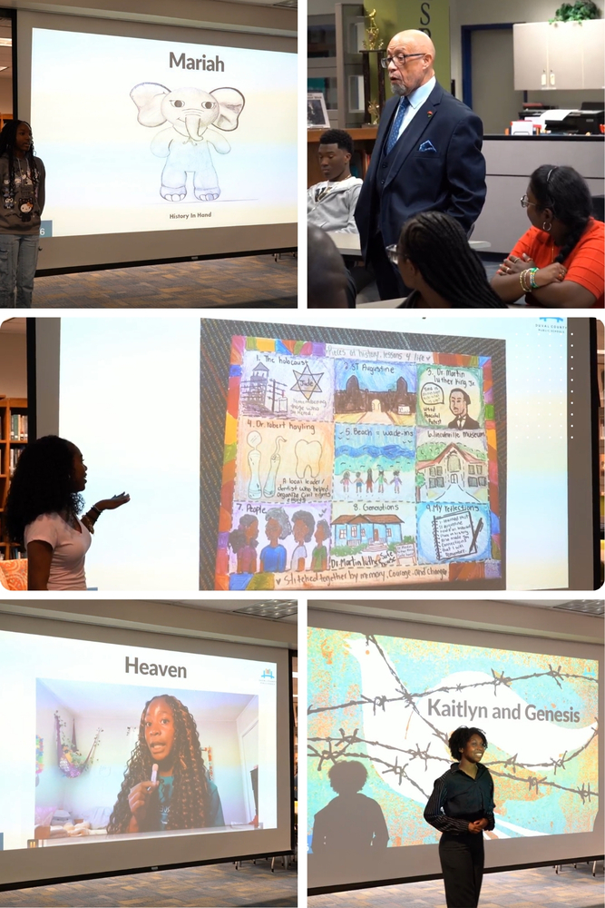 A collage of photos showing presentations, art pieces, and a guest speaker at the event.