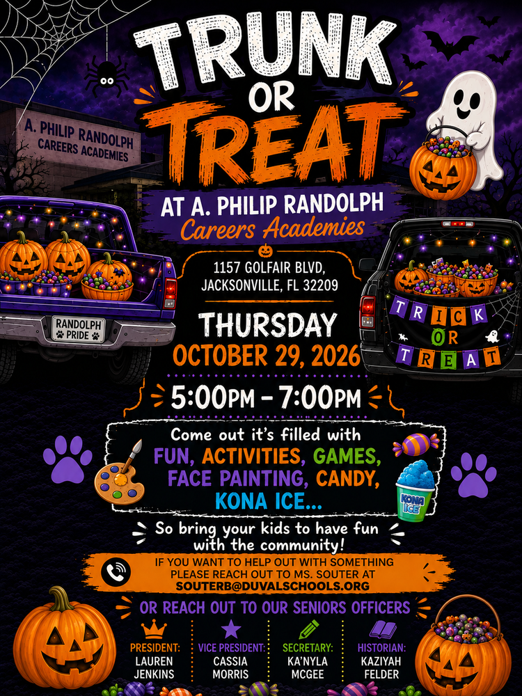 Promotional flyer for a community Trunk or Treat event at A. Philip Randolph Careers Academies. Against a dark purple Halloween background with bats, spider webs, and pumpkins, two pickup trucks display decorated trunks filled with candy, jack-o'-lanterns, and string lights. A smiling ghost holds a pumpkin candy bucket. The flyer announces "Trunk or Treat at A. Philip Randolph Careers Academies" on Thursday, October 29, 2026, from 5:00 PM to 7:00 PM at 1157 Golfair Blvd., Jacksonville, Florida 32209. The event includes fun activities, games, face painting, candy, and Kona Ice. The flyer invites families to bring their children and includes volunteer contact information and the names of senior class officers at the bottom.