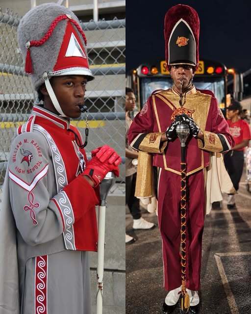 TReynolds dressed in Raines band uniform on the left and dressed in a Bethune Cookman band uniform on the right