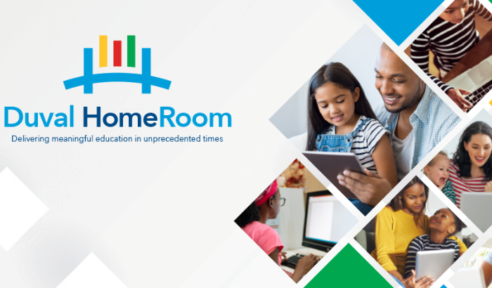 Images of students and parents looking at devices with text Duval HomeRoom delivering meaningful education in unprecedented times