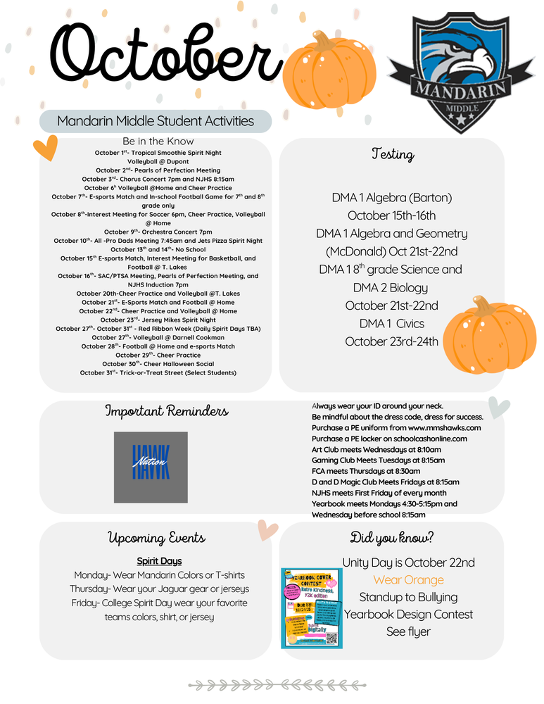 October Calendar for Students