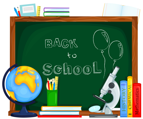 challboard with back to school, a globe, microscope and other school supplies