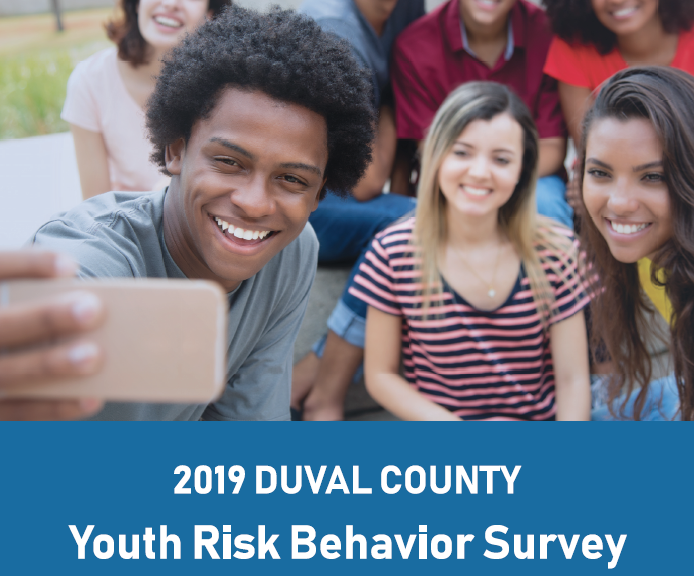 People smiling while someone's arm is outstretched, taking a selfie. Text: 2019 Youth Risk Behavior Survey