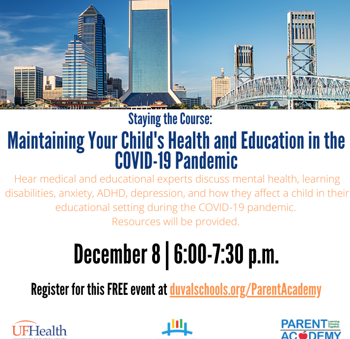 The image states "Staying the Course: Maintaining Your Child's Health and Education in the Covid-19 Pandemic. Hear medical adn educational experts discuss mental health, learning disabilites adn etc... Resources will be provided. December 8th 6-7pm register in the link within the article" 