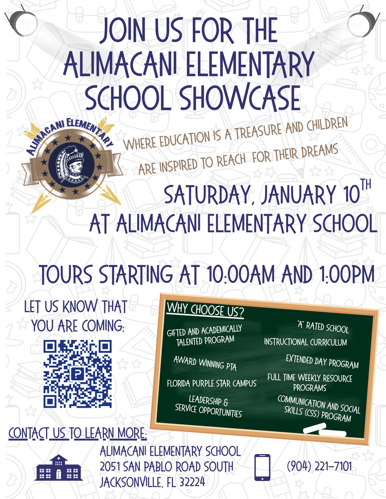 School Flyer: Alimacani School Showcase Saturday January 10, 2026. Tour times are 10:00 am and 1:00 pm 
