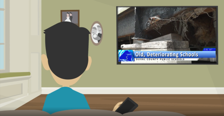 Screenshot from animated video. Close up of an animated person watching a news story about old, deteriorating schools