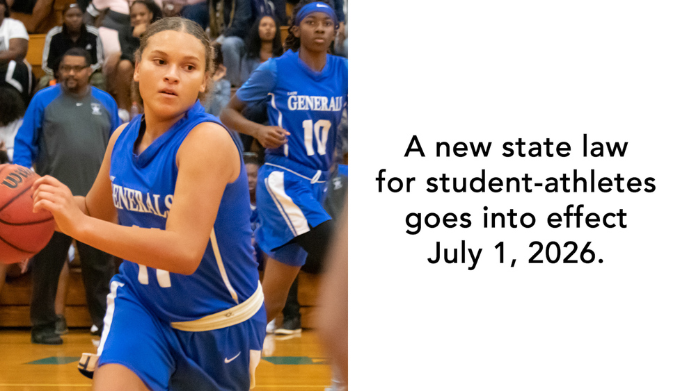 Left: student playing basketball. Right: A new state law for student-athletes goes into effect July 1, 2026
