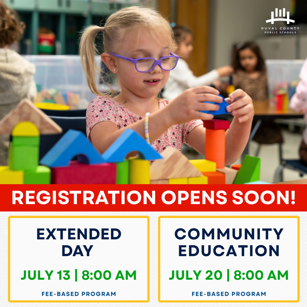 A child builds with wooden blocks above a banner that reads: "Extended day registration opens July 13, 8:00 a.m. Community education registration opens July 20, 8:00a.m."