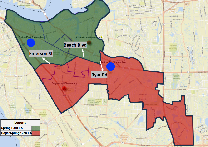 Screenshot that shows the new attendance boundaries for Spring Park and Hogan-Spring Glen elementary schools