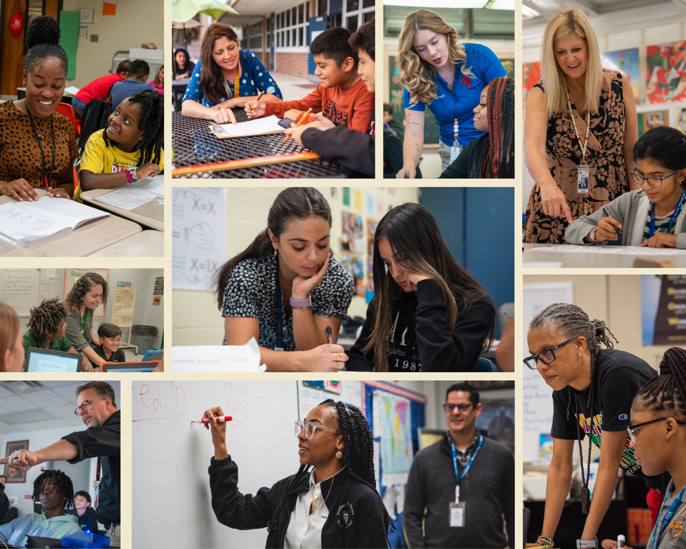A photo collage of Duval county school teachers assisting students.