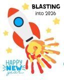 Blasting into 2026, Happy New Year. Picture of rocket with handprints for exhaust