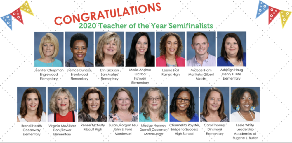 Teachers photos on a poster for "2020 Teacher of the Year Semifinalists."