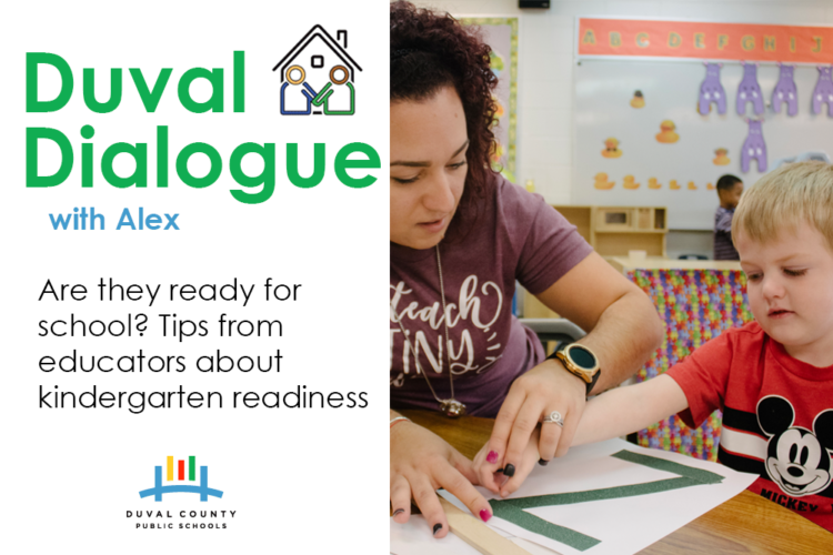 Duval Dialogue with Alex. Are they ready for School? Tips from educators about kindergarten readiness. Image of a teacher and student learning together