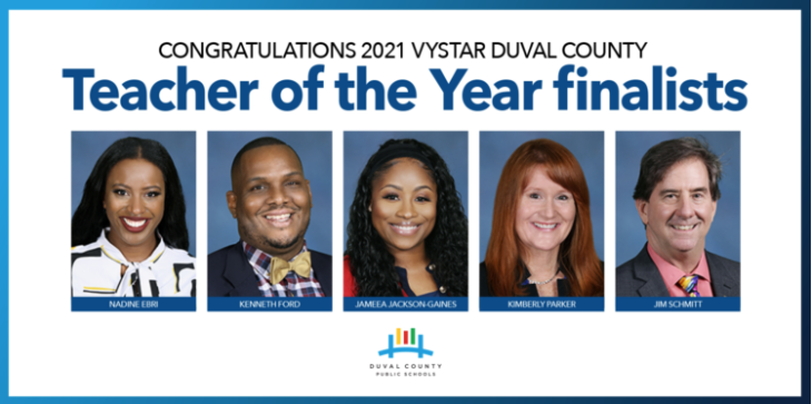 Image of the finalists for teacher of the yea (Nadine Ebri, Kenneth Ford, Jameea Jackson Gaines, Kimberly Parker, and Jim Schmitt)