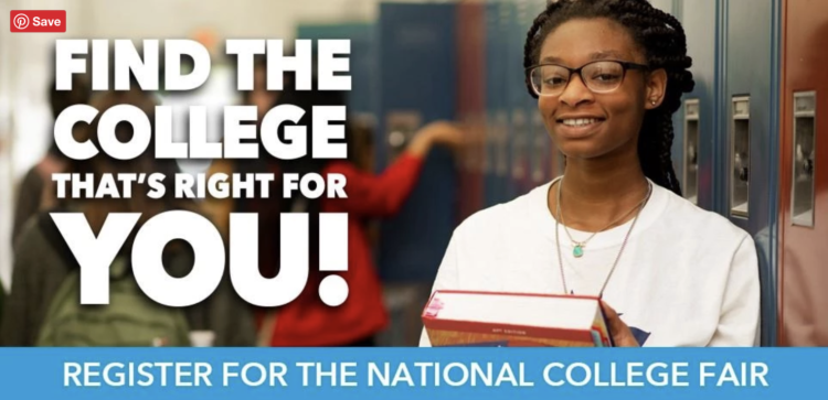 Poster titled "find the college that's right for you" with student smiling in the background.