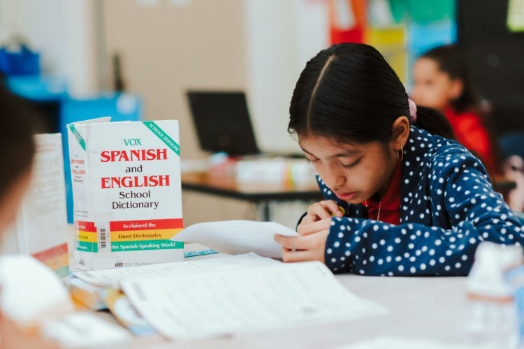 Student studies with a Spanish and English Dictionary 
