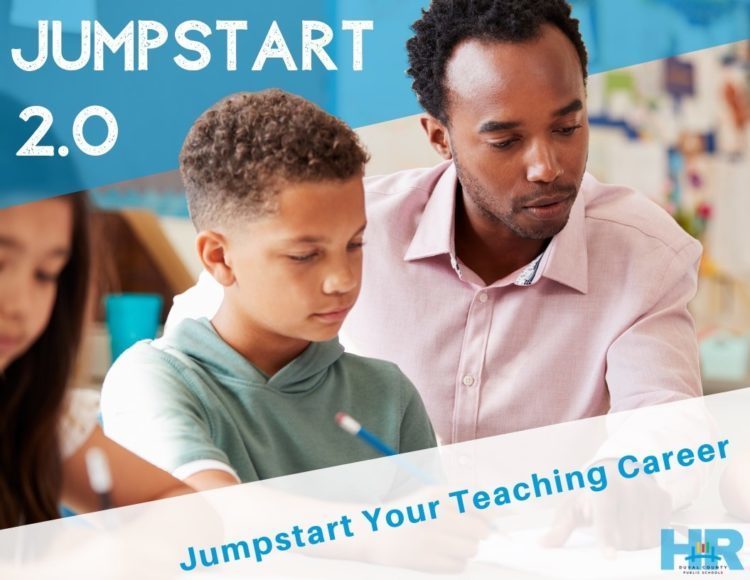Teacher, working with student, showing on poster titled "Jumpstart 2.0"