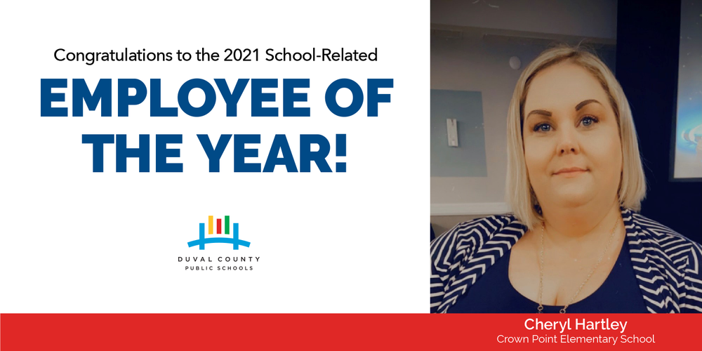 Cheryl Hartley headshot, poster congratulating her for employee of the year