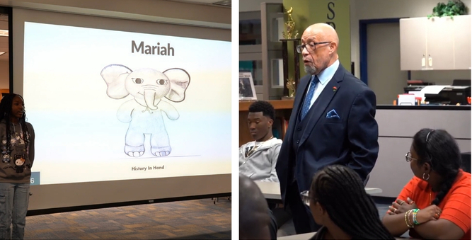 A collage of photos showing presentations, art pieces, and a guest speaker at the event.