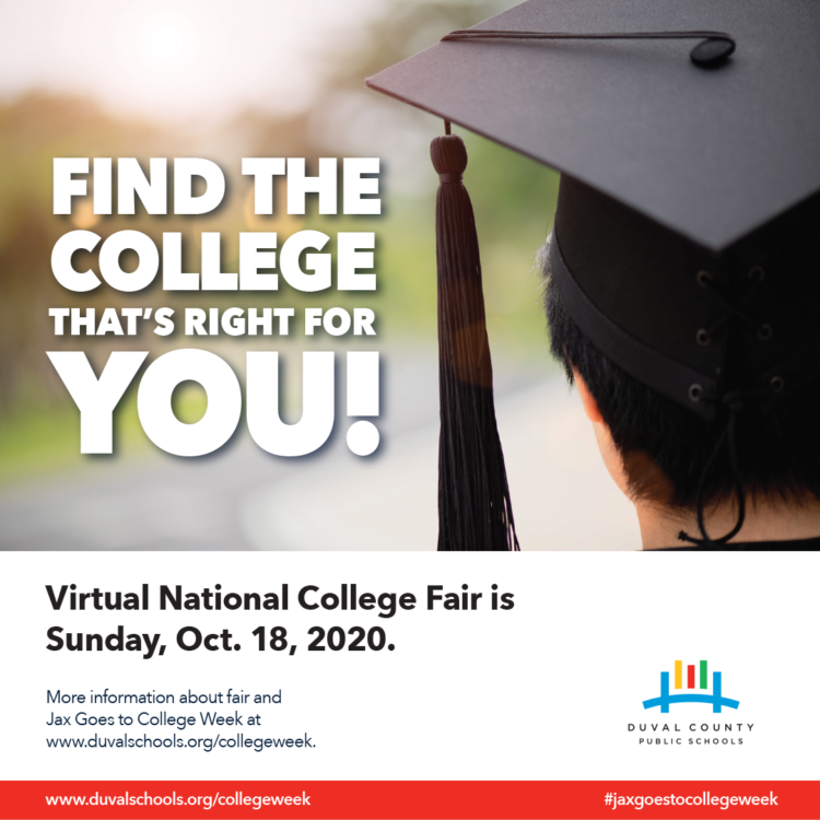 A student wearing a Graduation cap with the text Find the College that's right for you! Virtual national college fair is Sunday, Oct. 18, 2020