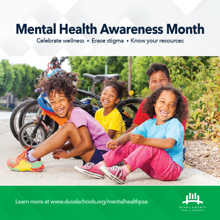 Headline: Mental Health Awareness Month. With an image of children laughing and riding bikes