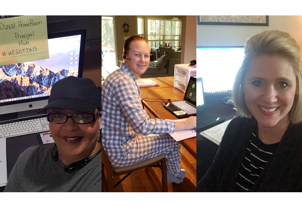 Staff members taking selfies.