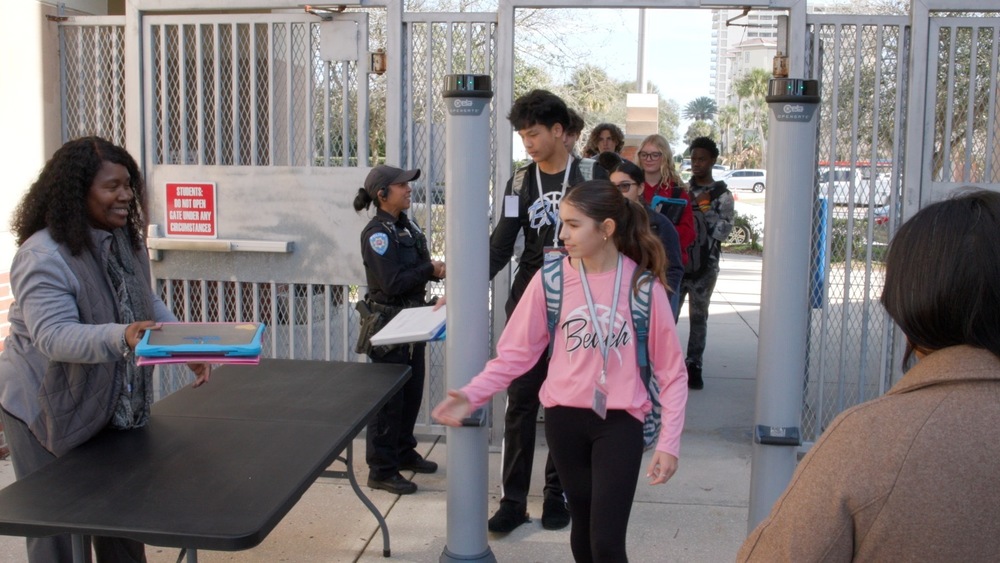A student walks through the OpenGate weapon detection system