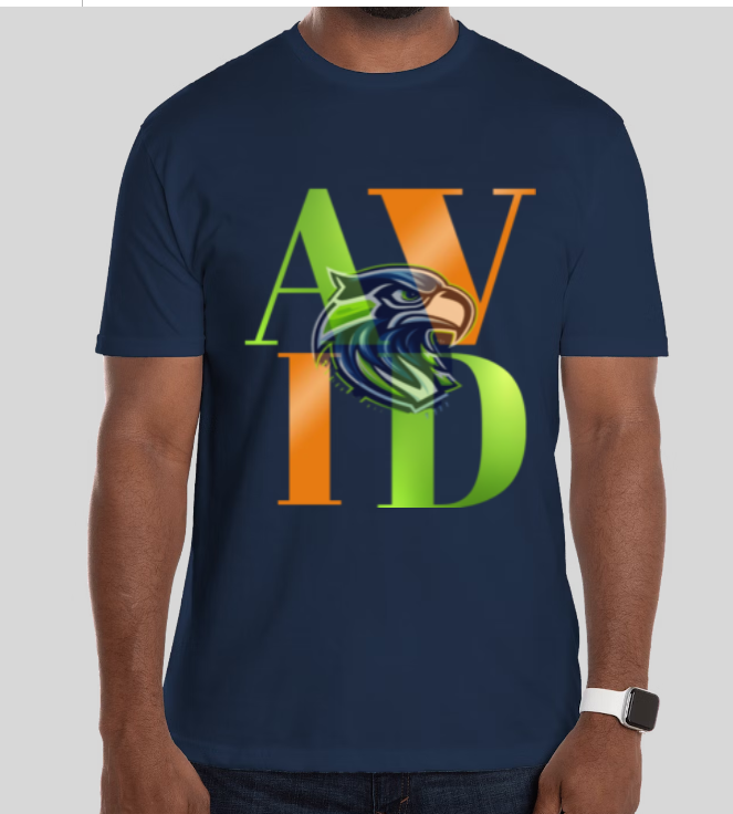 AVID T Shirt Design AVID Spelled in alternating green and orange letters with a seahawk in the middle 