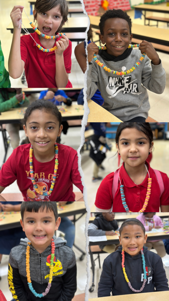 100 Celebration students ' making Froot Loop necklaces