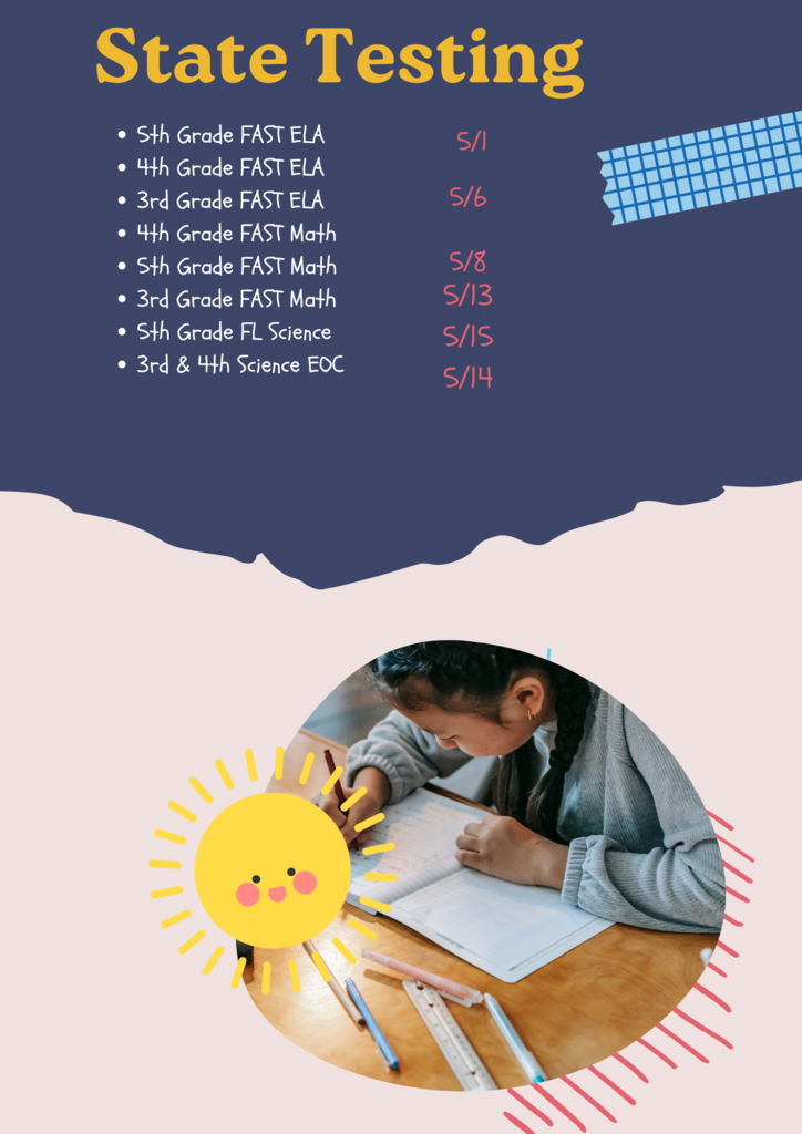 3rd-5th Grade Families State and District Testing is Approaching! Just a reminder that students are not permitted to leave once they begin testing. If students do leave then they must submit their test whether they are finished or not. Late students will not be permitted to test. Please ensure students get a good nights sleep and arrive on time to test. Thank you!