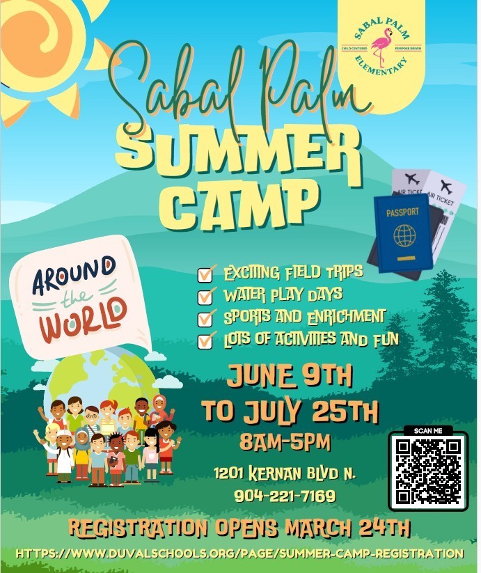 Mountains, trees, and the sun with Summer Camp theme of Around the World written